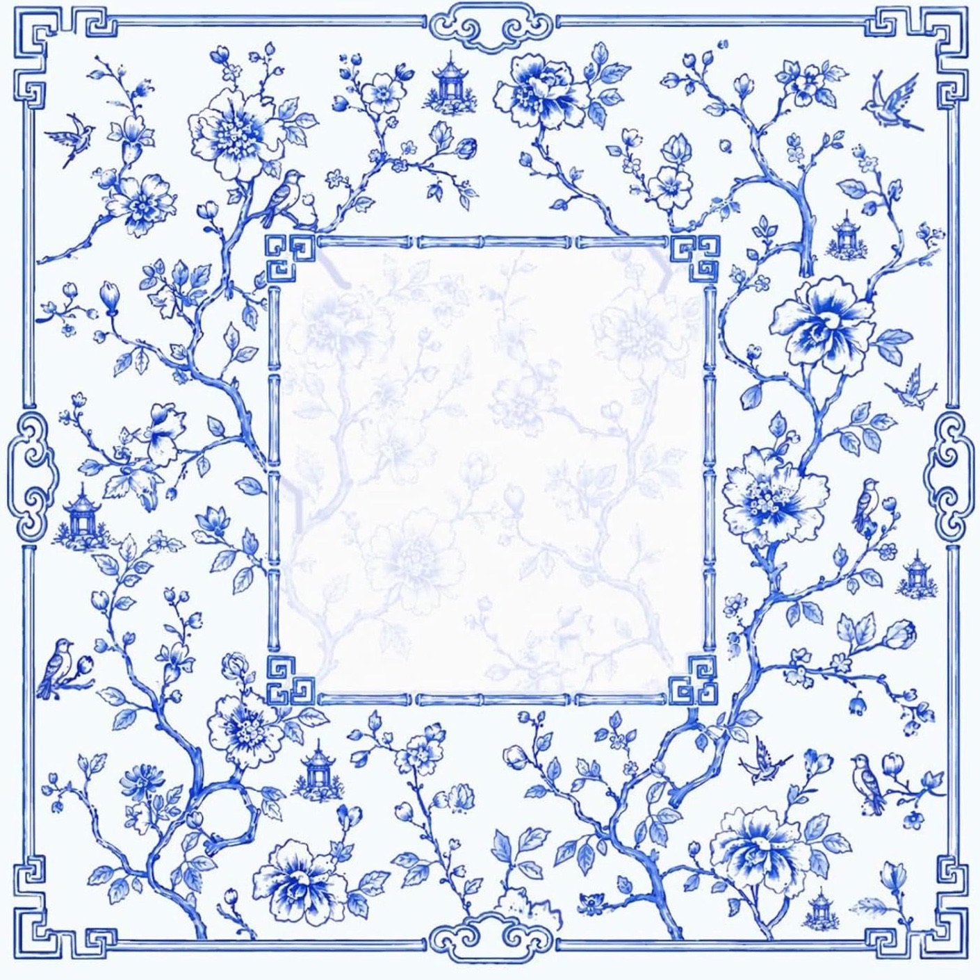 Artwork for the Blue Garden mahjong mat design: branches, birds and garden pavilions drawn in cobalt blue on white, inspired by blue-and-white porcelain, with a fretwork border.