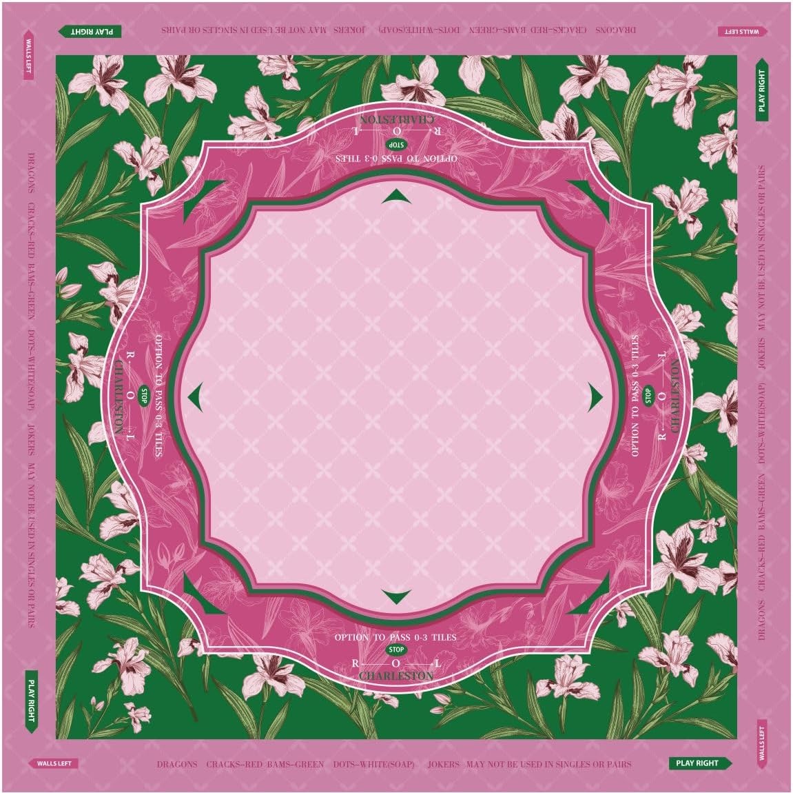 Artwork for the Iris Garden mahjong mat design: pale pink irises on deep green, with a scalloped pink frame that prints the Charleston passes around the play area.