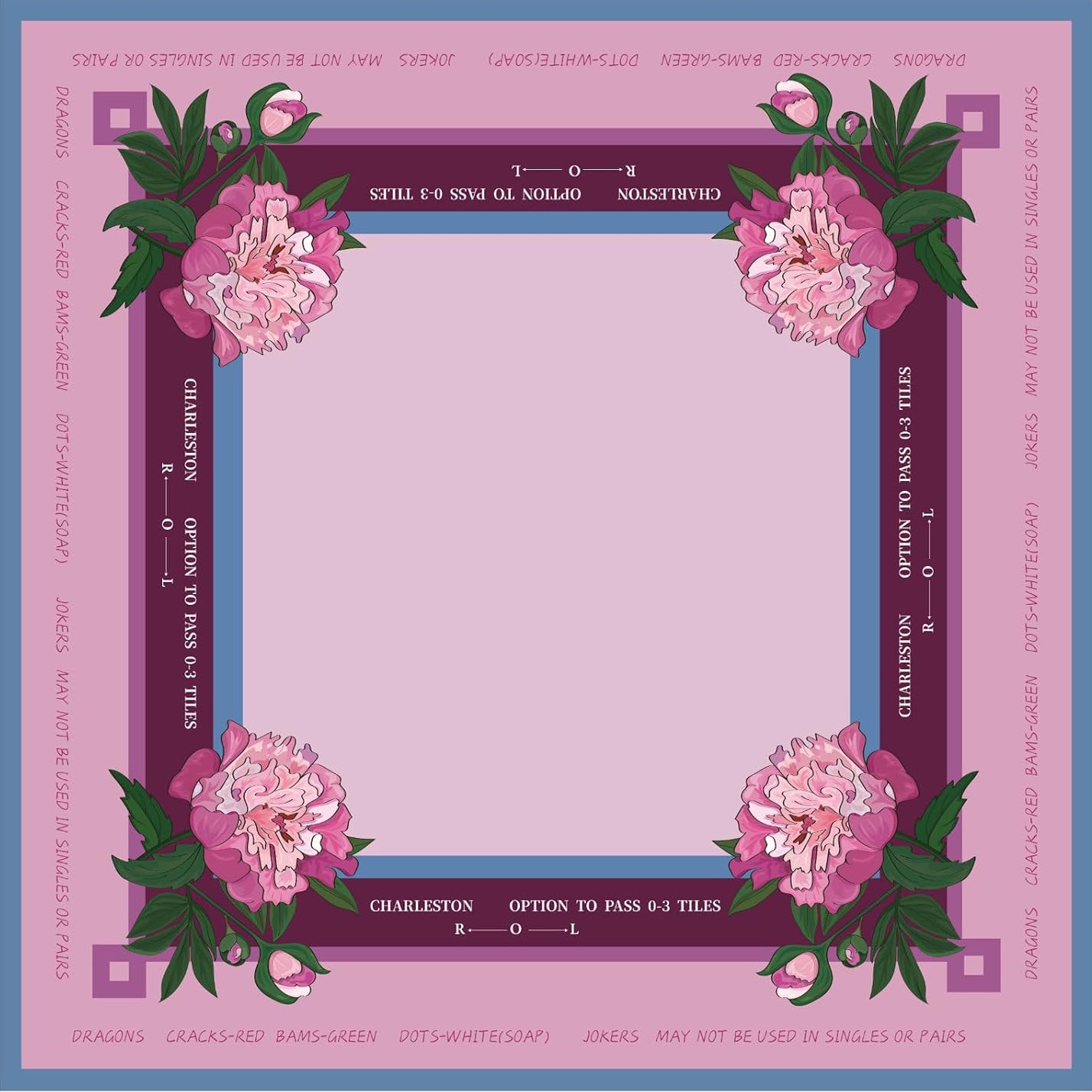 Artwork for the Peony mahjong mat design: full pink peonies at each corner, a plum band with Charleston reminders, and a soft blush center to play on.
